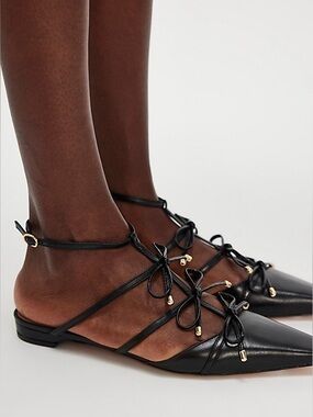 Vicenza Boulevard Bow Ankle “Lace Up” Flats Black Leather Pointed Toe Size 9